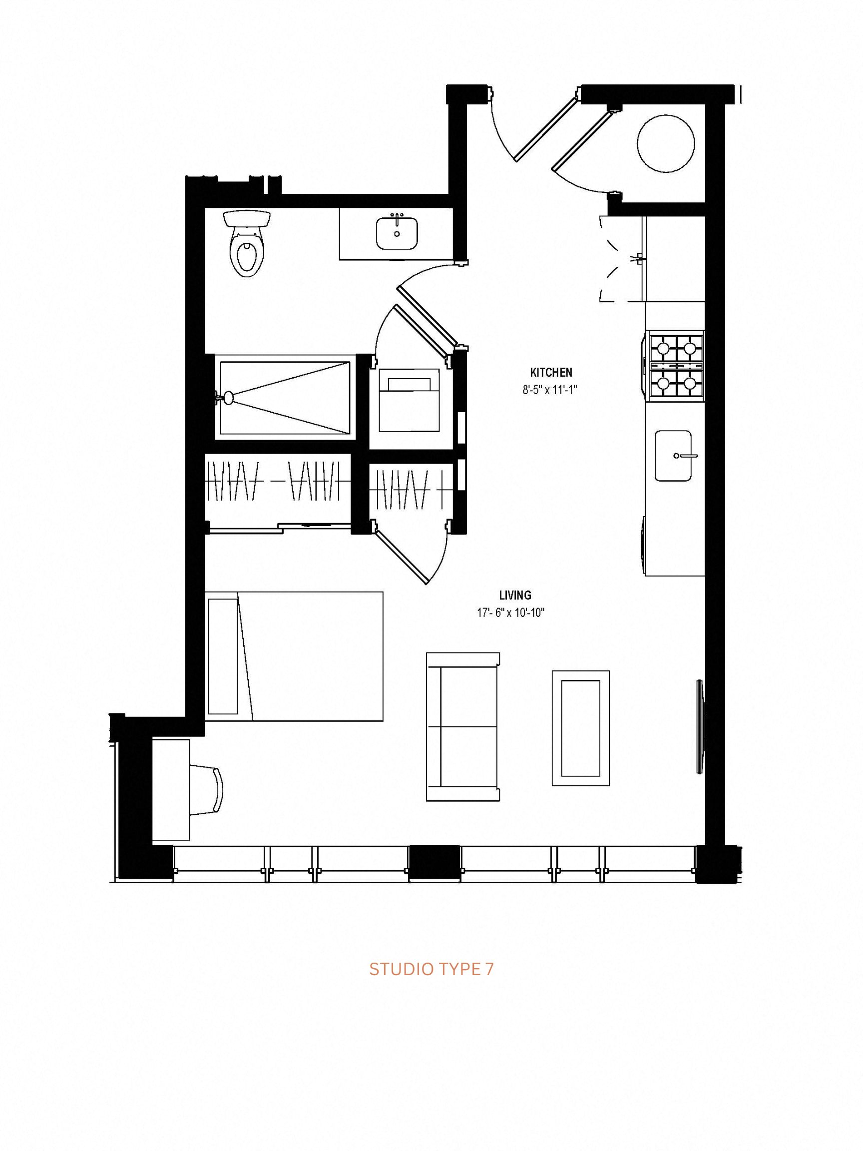 Floor plan for studio, 1 bath, 500 sqft